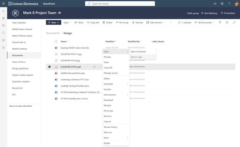 Open SharePoint files in their desktop apps by selecting Open in app in SharePoint.