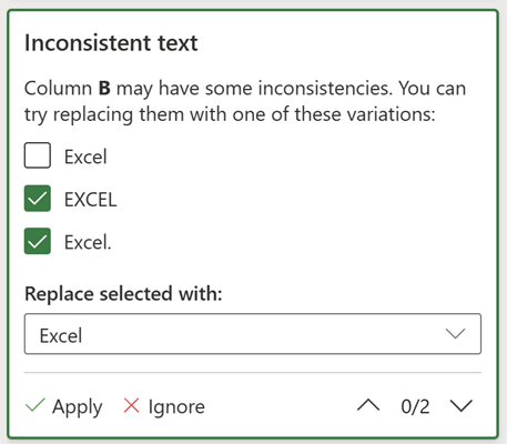 Inconsistent text suggestion card showing an example of mixed cases to the word “Excel”, including "Excel", "EXCEL", and "Excel."