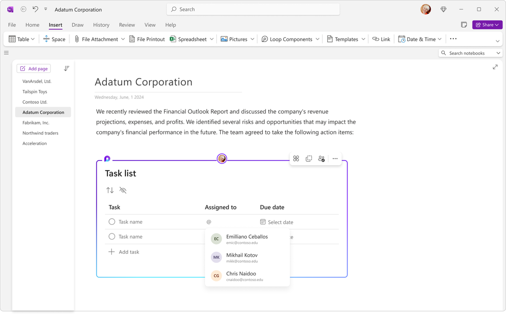 An image demonstrating @mentions functionality within a Loop component on OneNote canvas.