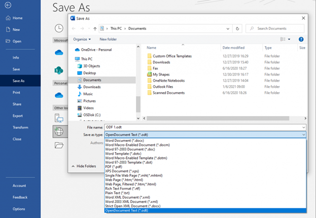 Saving files in the ODF format in Microsoft Word