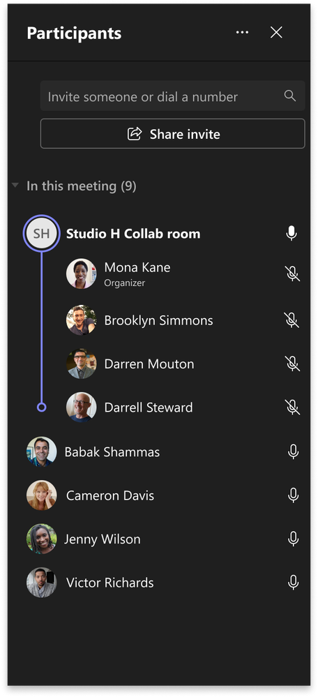 A list of Teams meeting participants grouped by those who are in the same room, and those who are remote.
