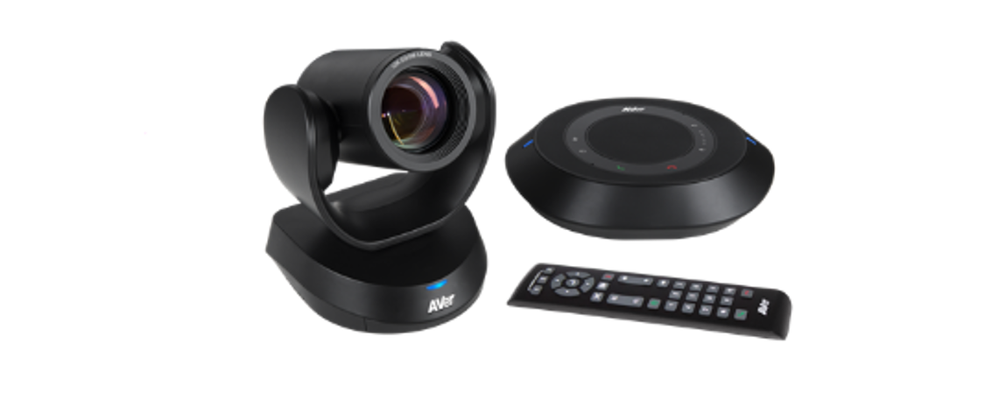VC520 Pro3 video conferencing system, including a video camera, microphone/speaker and a remote control.