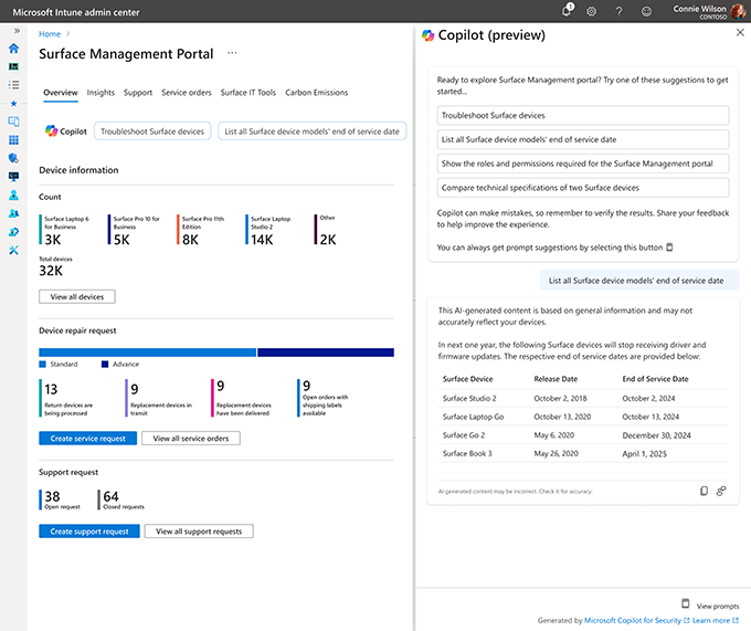 Screenshot of the Microsoft Intune admin center displaying the Surface Management Portal with an open Copilot (preview) flyout. The main panel shows device information, including total device count, repair requests, and support requests. The Copilot flyout on the right provides suggested prompts such as 'Troubleshoot Surface devices' and 'List all Surface device models' end of service date.' Below, Copilot generates a table listing Surface devices nearing the end of their service period, along with their release and end-of-service dates.