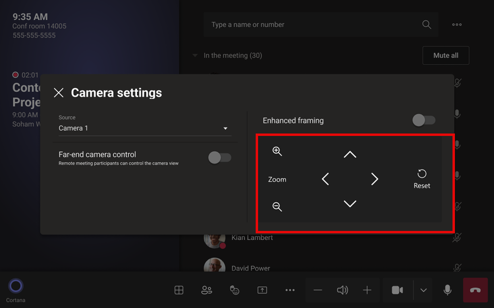 the Pan-Tilt-Zoom camera control settings in Teams Rooms on Android