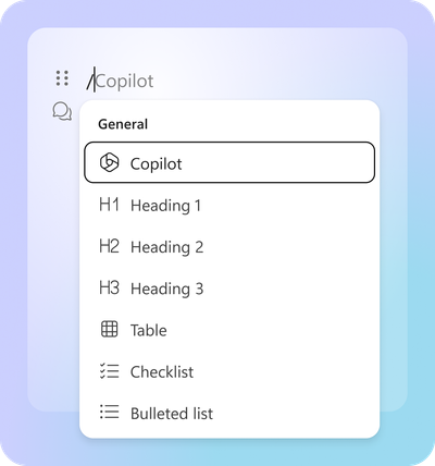 An image demonstrating the entry point for Copilot within the "/" menu.