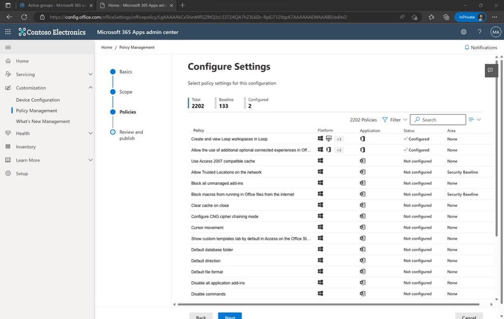 An image demonstrating available policy settings for configuration under Policy Management in the Microsoft 365 Apps admin center.